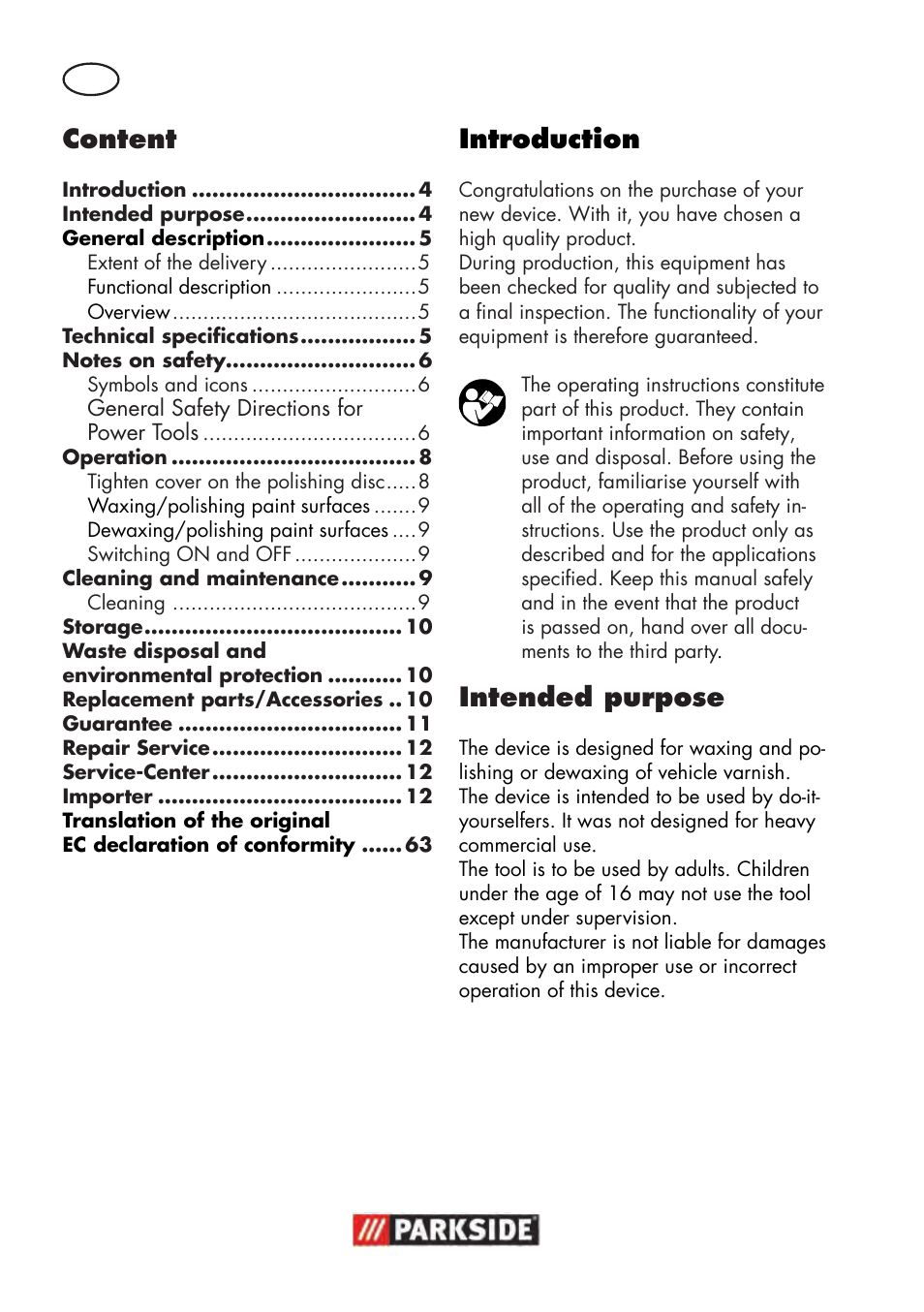 Content, Introduction, Intended purpose | Parkside PWP 90 B2 User Manual | Page 4 / 70