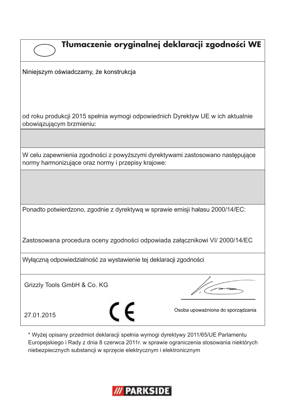 Tłumaczenie oryginalnej deklaracji zgodności we | Parkside PWP 90 B2 User Manual | Page 64 / 70