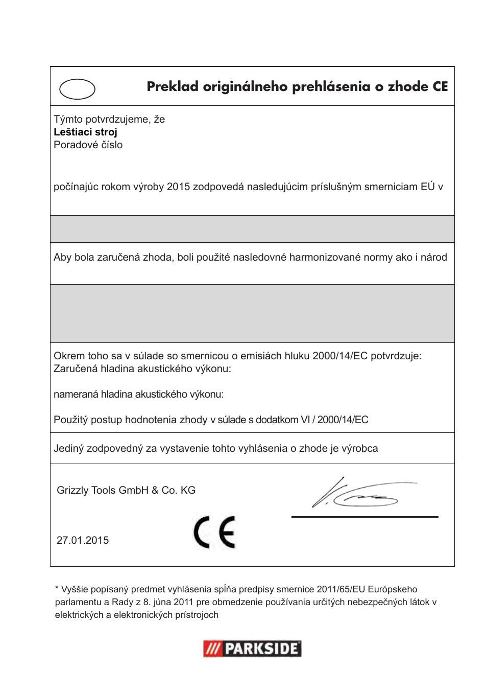 Preklad originálneho prehlásenia o zhode ce | Parkside PWP 90 B2 User Manual | Page 67 / 70