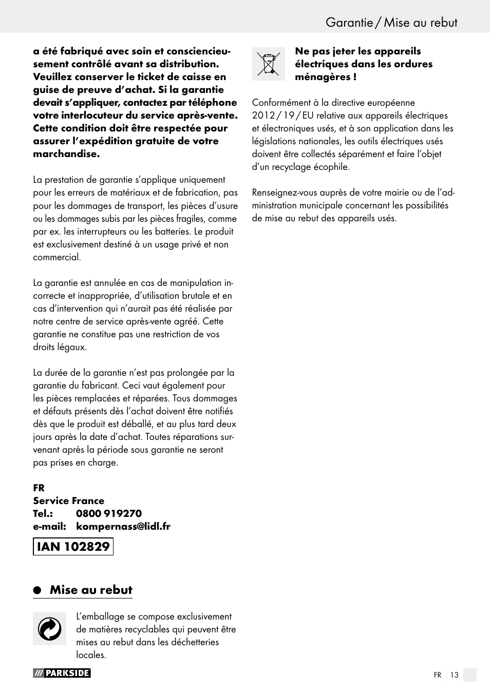 Mise au rebut | Parkside PEH 30 A1 User Manual | Page 13 / 34