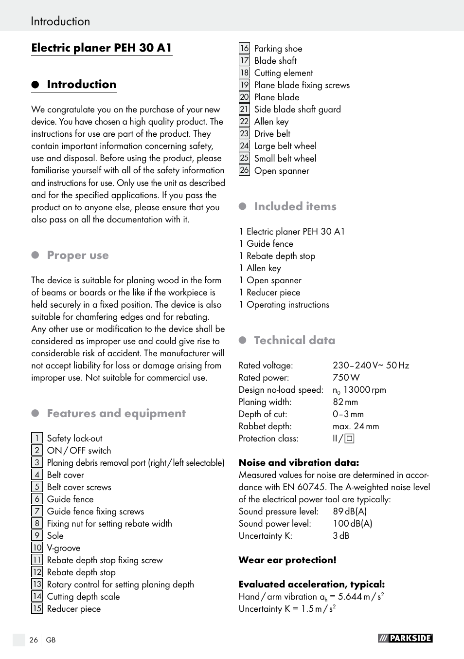 Electric planer peh 30 a1, Introduction, Proper use | Features and equipment, Included items, Technical data | Parkside PEH 30 A1 User Manual | Page 26 / 34