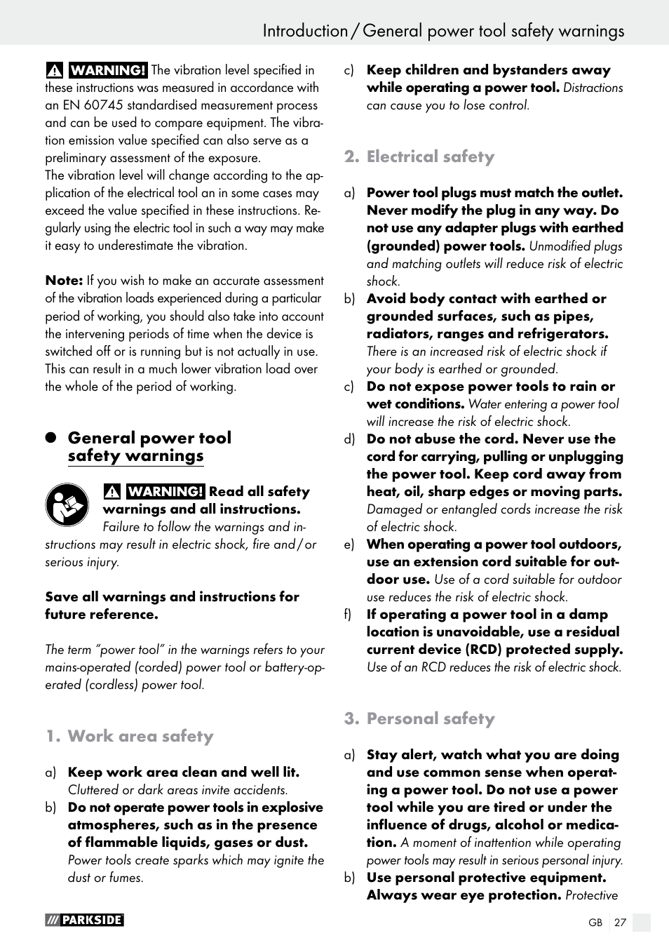 General power tool safety warnings, Work area safety, Electrical safety | Personal safety | Parkside PEH 30 A1 User Manual | Page 27 / 34