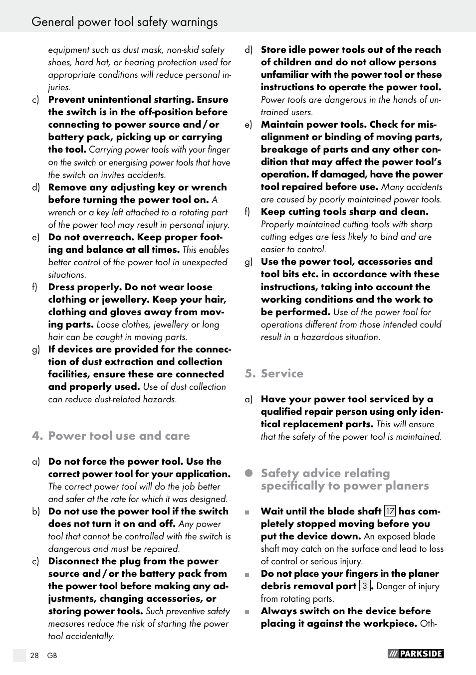 Power tool use and care, Service | Parkside PEH 30 A1 User Manual | Page 28 / 34