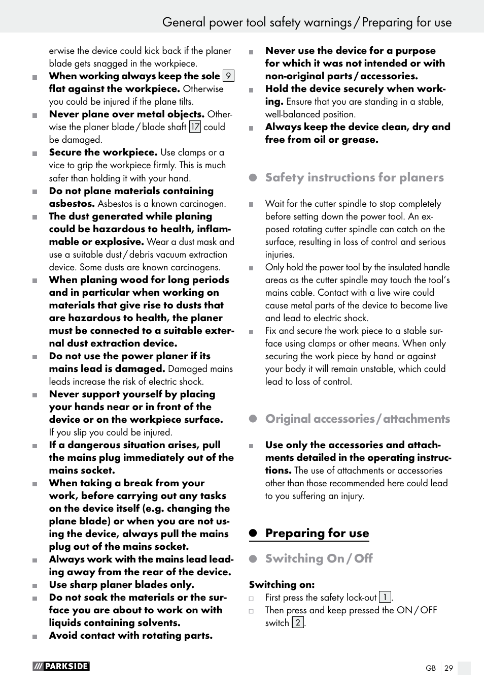 Safety instructions for planers, Original accessories / attachments, Preparing for use | Switching on / off | Parkside PEH 30 A1 User Manual | Page 29 / 34