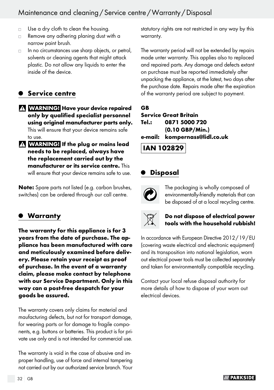 Service centre, Warranty, Disposal | Parkside PEH 30 A1 User Manual | Page 32 / 34