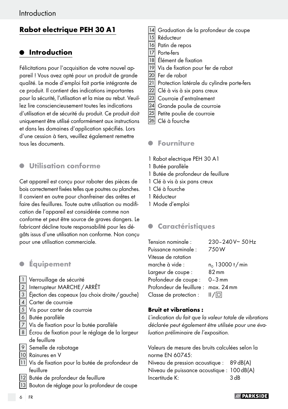 Rabot electrique peh 30 a1, Introduction, Utilisation conforme | Équipement, Fourniture, Caractéristiques | Parkside PEH 30 A1 User Manual | Page 6 / 34