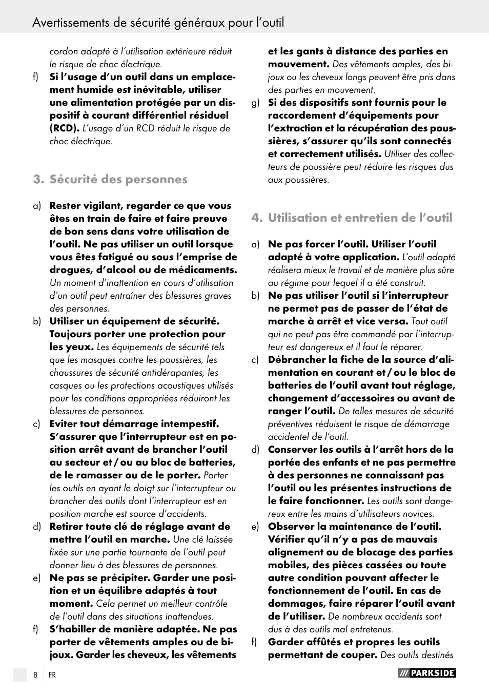 Avertissements de sécurité généraux pour l’outil, Sécurité des personnes, Utilisation et entretien de l’outil | Parkside PEH 30 A1 User Manual | Page 8 / 34