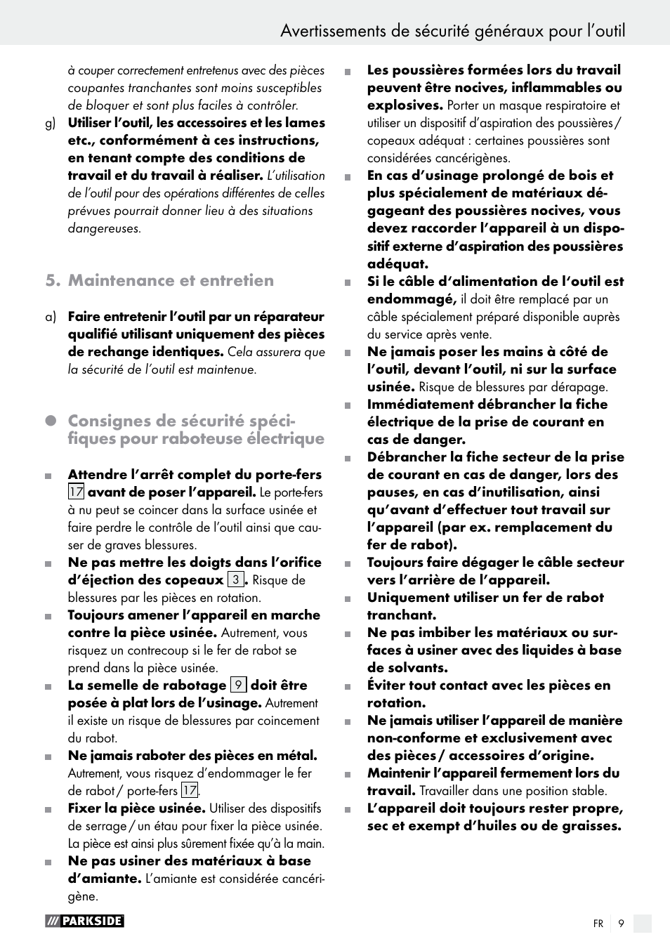 Avertissements de sécurité généraux pour l’outil, Maintenance et entretien | Parkside PEH 30 A1 User Manual | Page 9 / 34