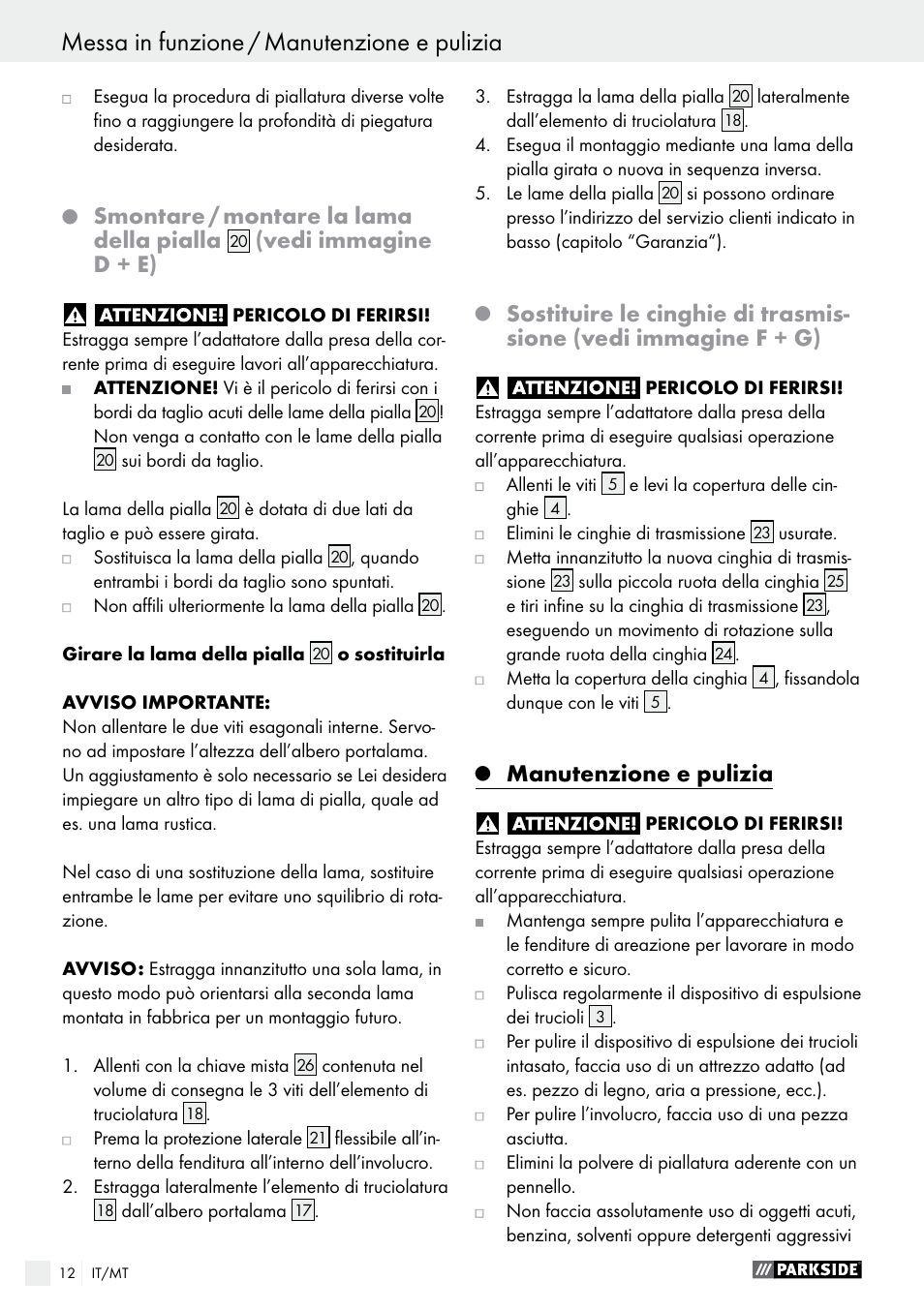 Messa in funzione / manutenzione e pulizia, Smontare / montare la lama della pialla, Vedi immagine d + e) | Manutenzione e pulizia | Parkside PEH 30 A1 User Manual | Page 12 / 35