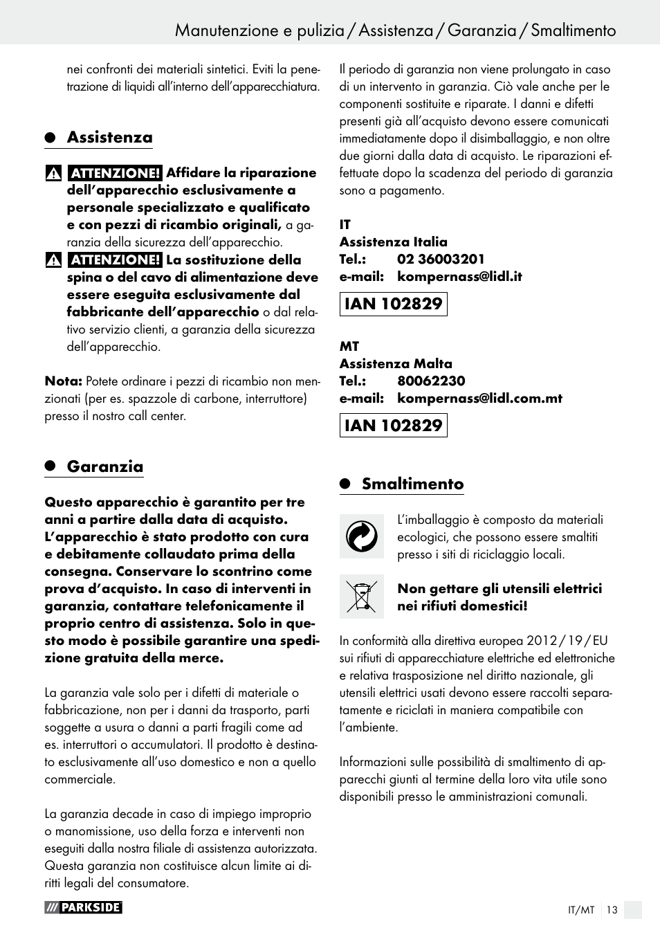 Assistenza, Garanzia, Smaltimento | Parkside PEH 30 A1 User Manual | Page 13 / 35