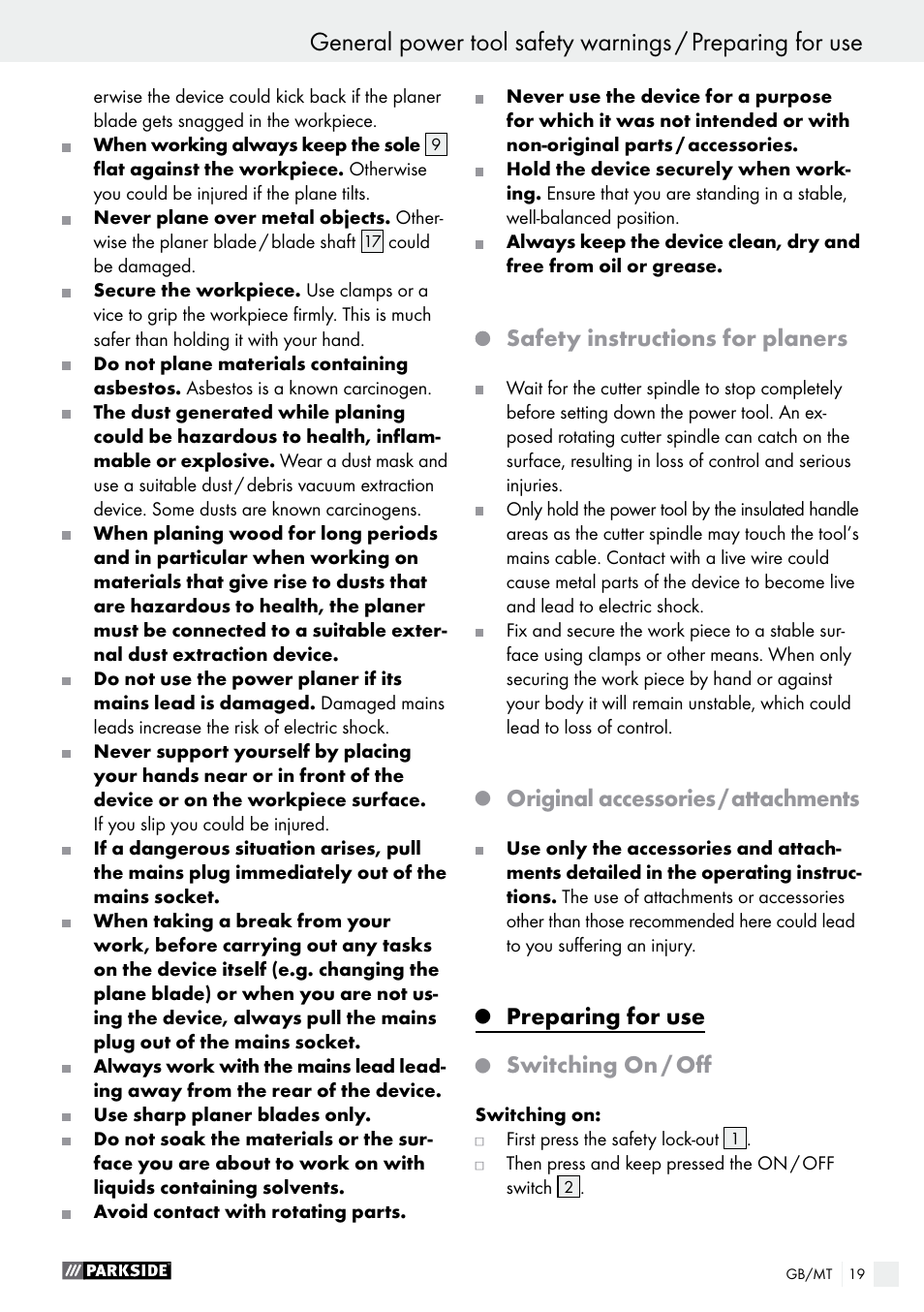 Safety instructions for planers, Original accessories / attachments, Preparing for use | Switching on / off | Parkside PEH 30 A1 User Manual | Page 19 / 35