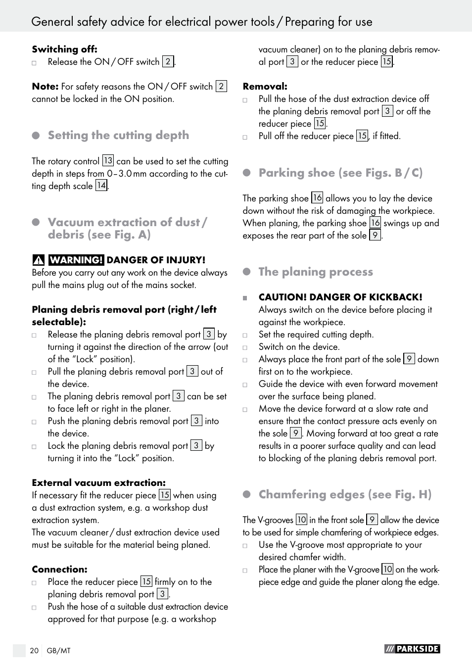Setting the cutting depth, Vacuum extraction of dust / debris (see fig. a), Parking shoe (see figs. b / c) | The planing process, Chamfering edges (see fig. h) | Parkside PEH 30 A1 User Manual | Page 20 / 35