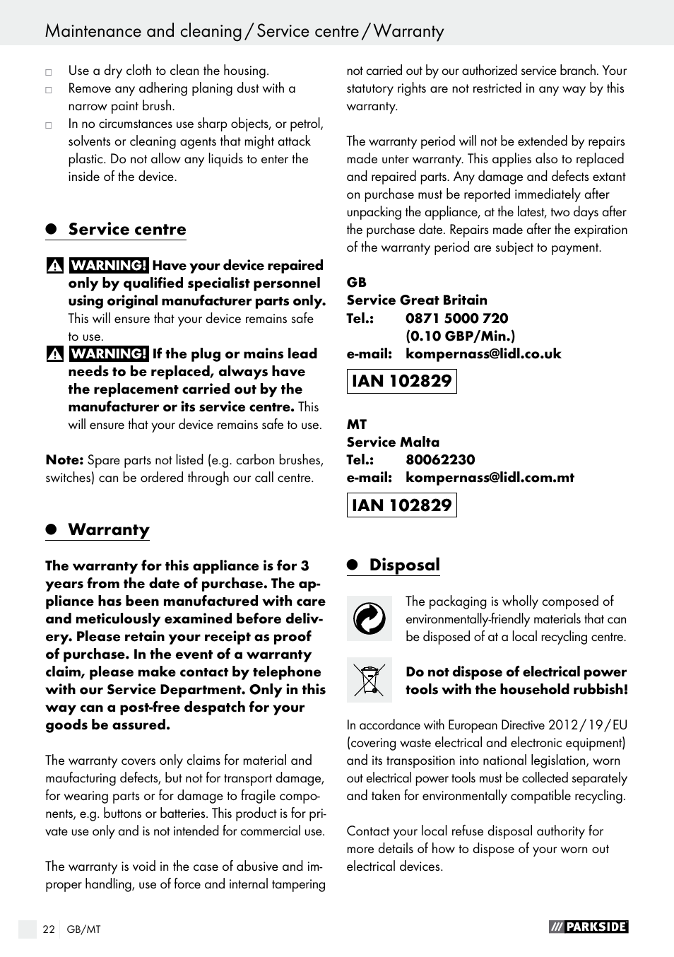 Service centre, Warranty, Disposal | Parkside PEH 30 A1 User Manual | Page 22 / 35