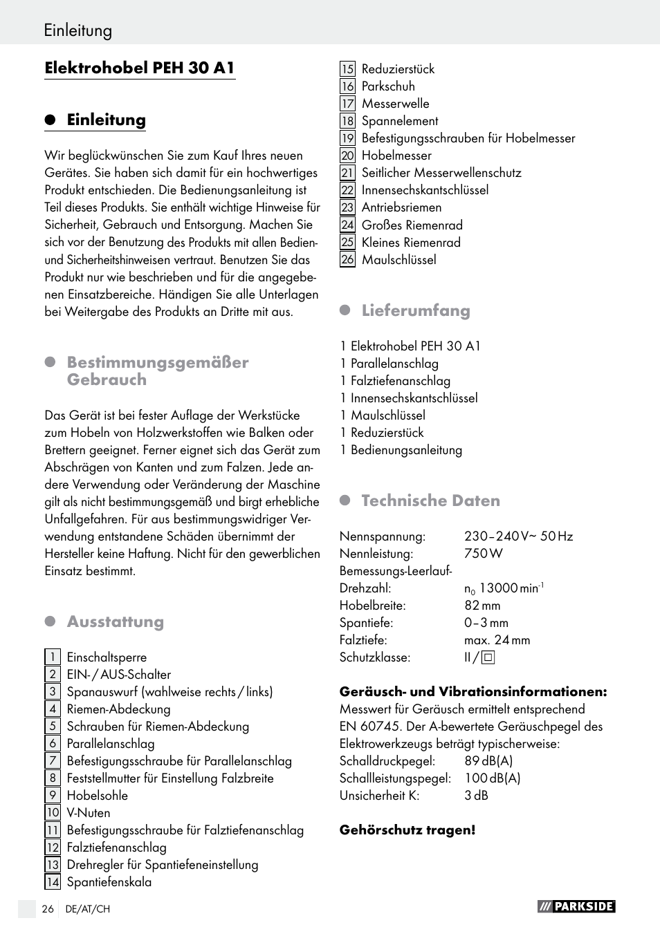 Elektrohobel peh 30 a1 einleitung, Bestimmungsgemäßer gebrauch, Ausstattung | Lieferumfang, Technische daten | Parkside PEH 30 A1 User Manual | Page 26 / 35