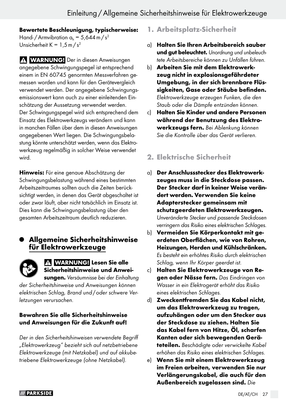 Arbeitsplatz­sicherheit, Elektrische sicherheit | Parkside PEH 30 A1 User Manual | Page 27 / 35