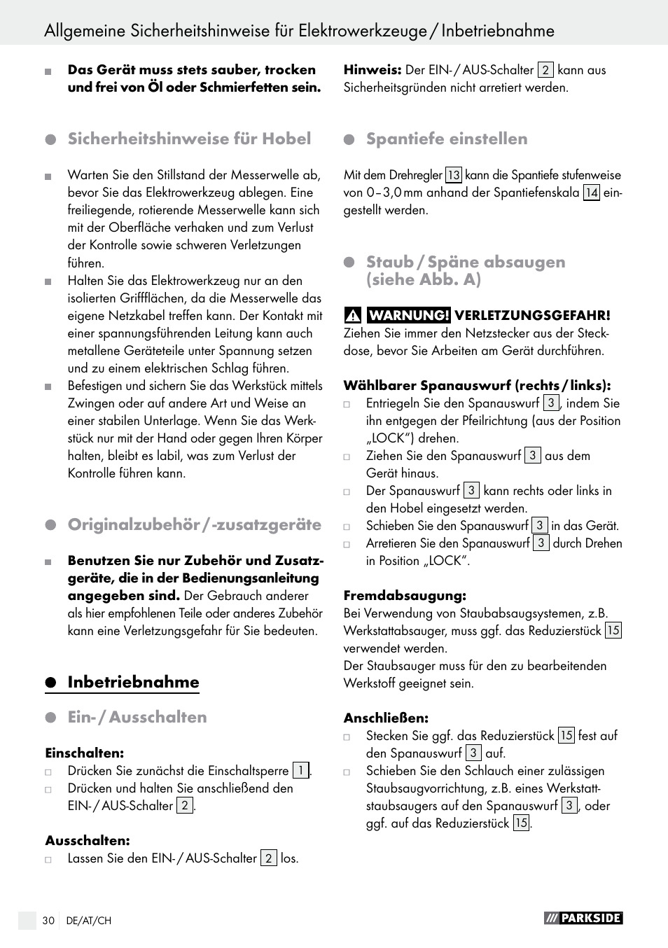 Sicherheitshinweise für hobel, Originalzubehör / ­zusatzgeräte, Inbetriebnahme | Ein­ / ausschalten, Spantiefe einstellen, Staub / späne absaugen (siehe abb. a) | Parkside PEH 30 A1 User Manual | Page 30 / 35
