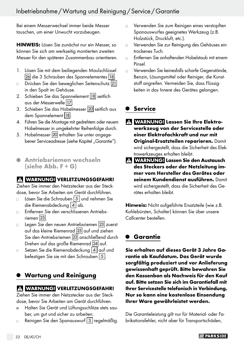 Antriebsriemen wechseln (siehe abb. f + g), Wartung und reinigung, Service | Garantie | Parkside PEH 30 A1 User Manual | Page 32 / 35