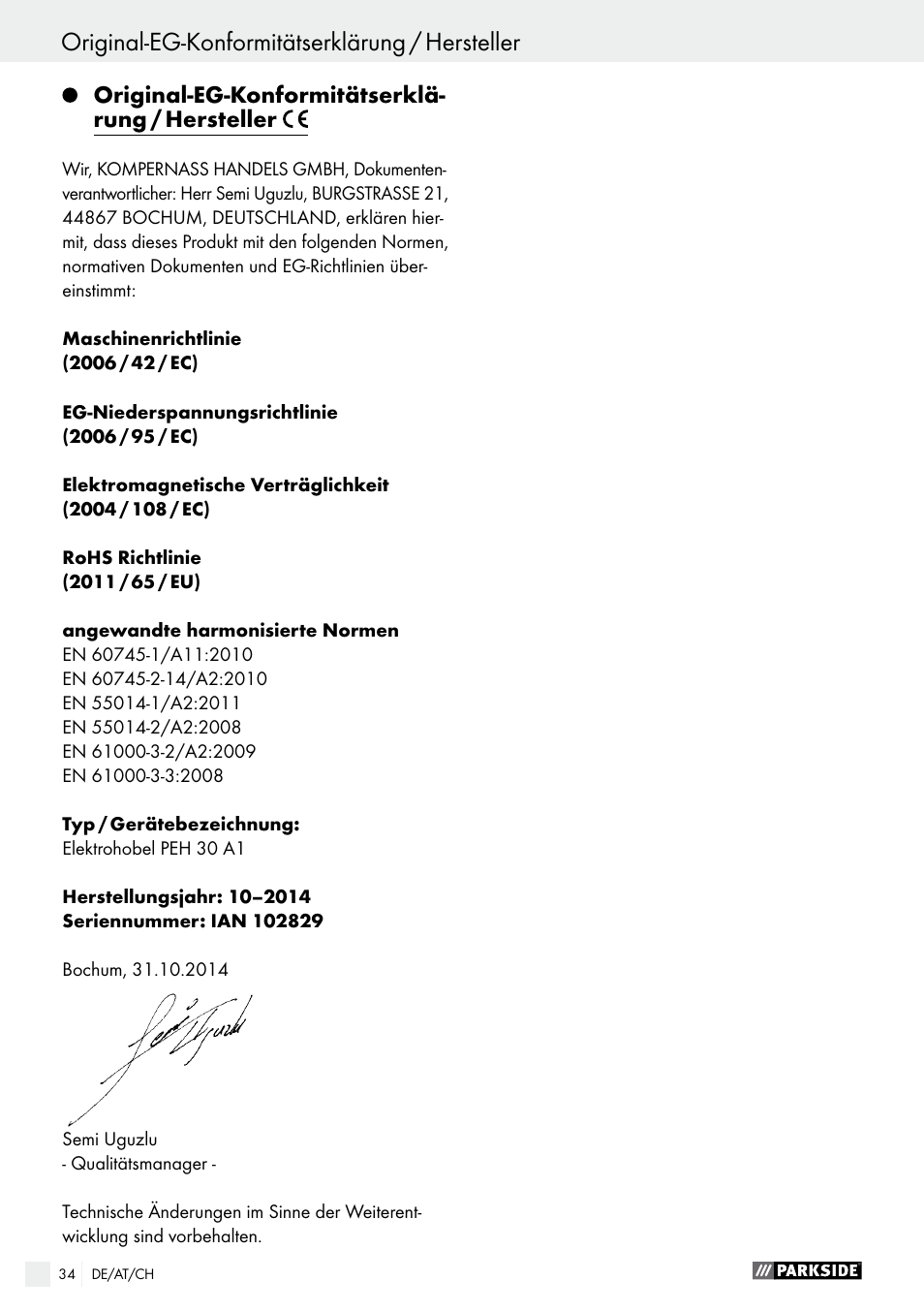 Original-eg-konformitätserklärung / hersteller | Parkside PEH 30 A1 User Manual | Page 34 / 35