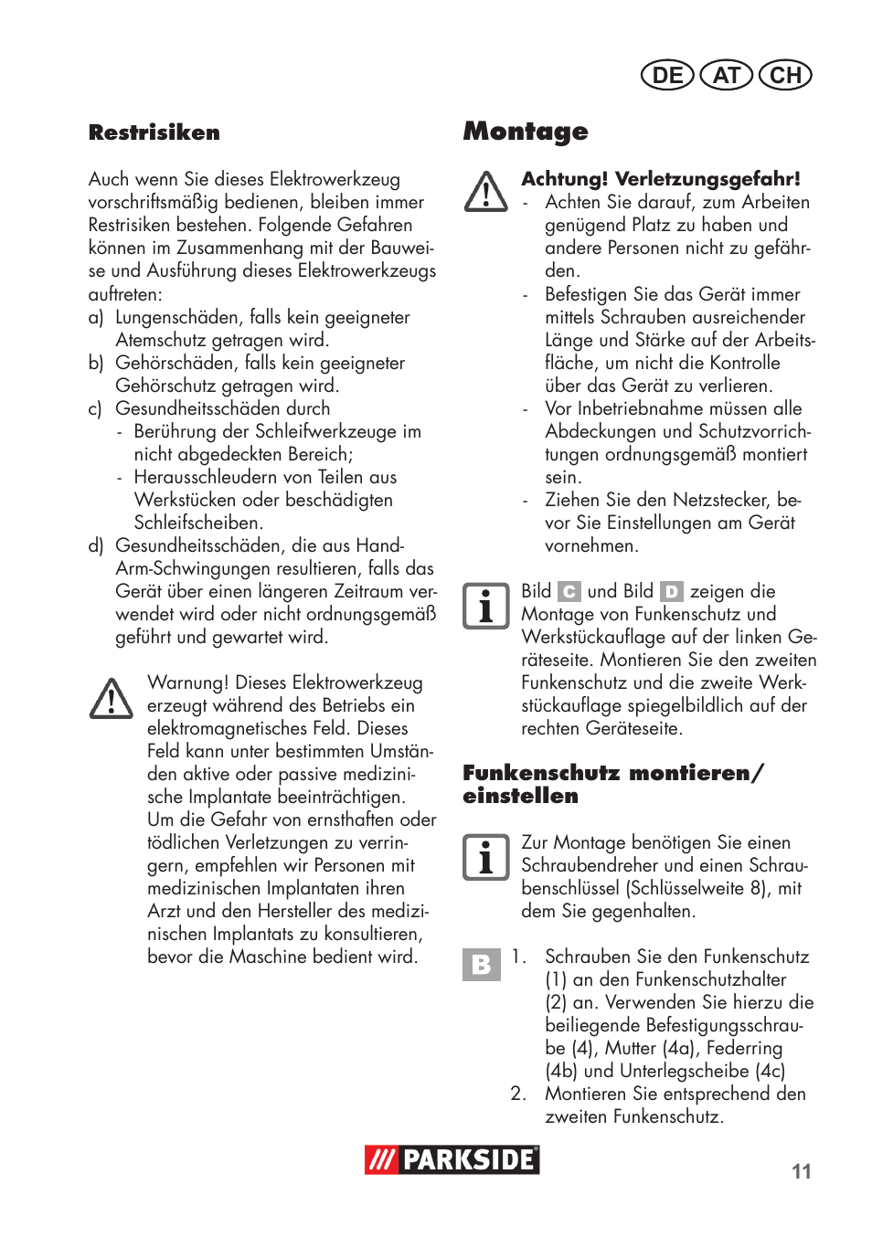 Montage, De at ch | Parkside PDOS 200 B2 User Manual | Page 11 / 72