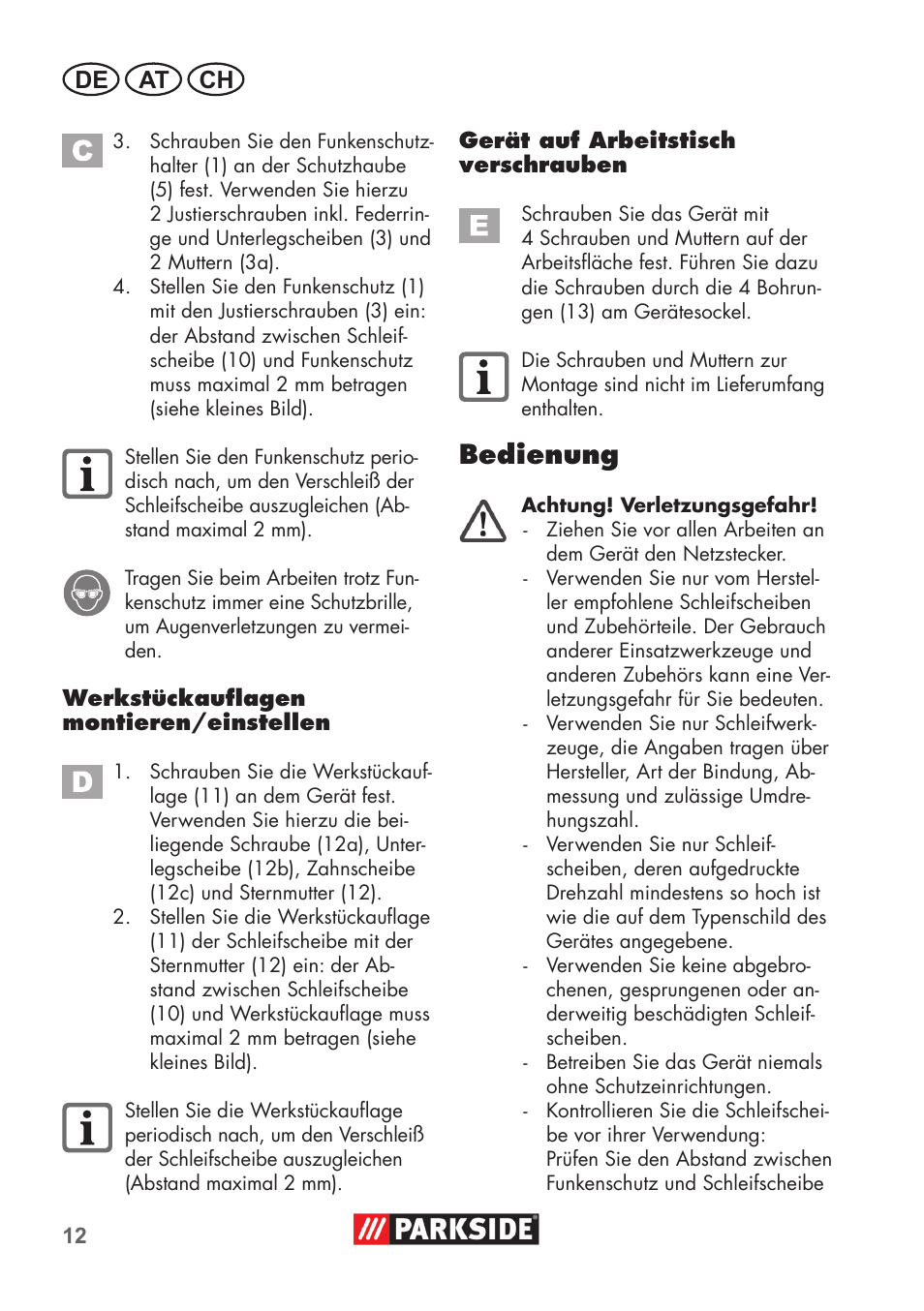 Bedienung, De at ch | Parkside PDOS 200 B2 User Manual | Page 12 / 72