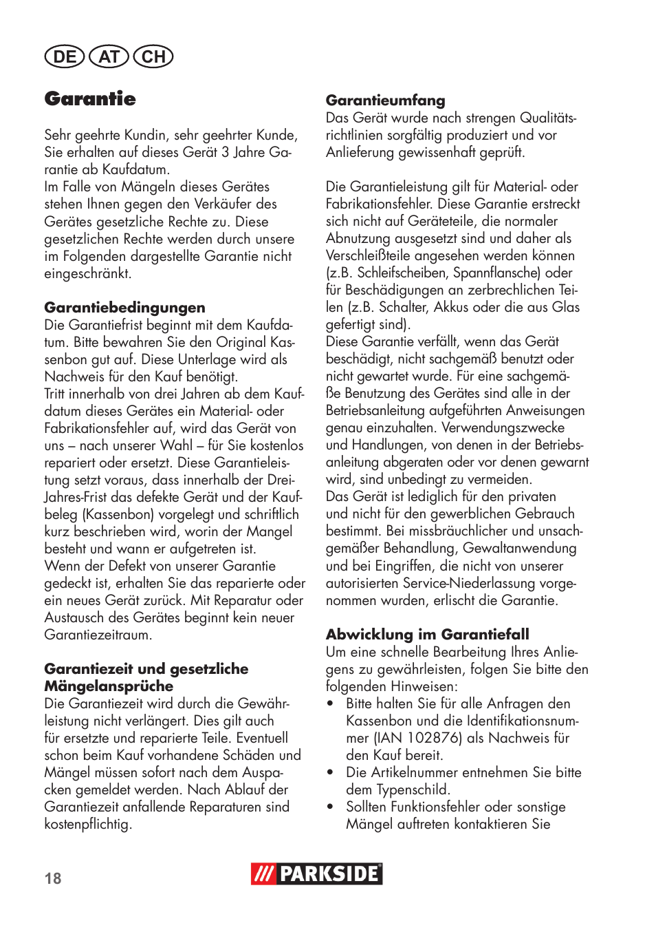 Garantie, De at ch | Parkside PDOS 200 B2 User Manual | Page 18 / 72