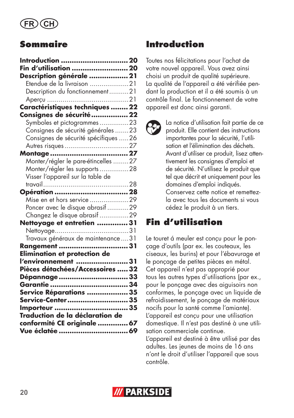 Introduction, Fin d’utilisation, Sommaire | Fr ch | Parkside PDOS 200 B2 User Manual | Page 20 / 72