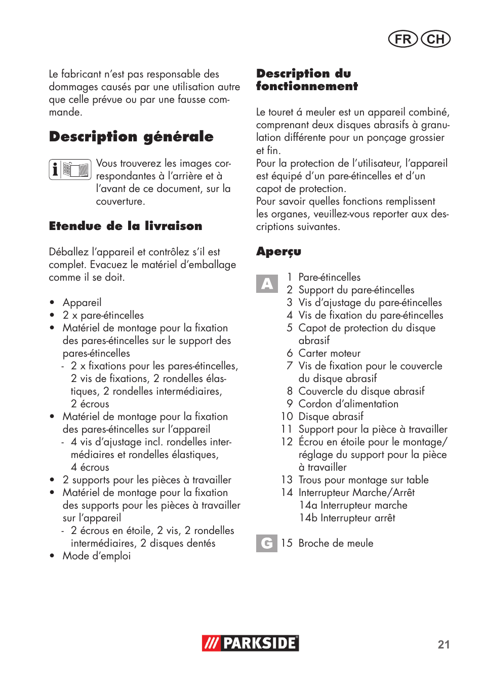 Description générale, Fr ch | Parkside PDOS 200 B2 User Manual | Page 21 / 72