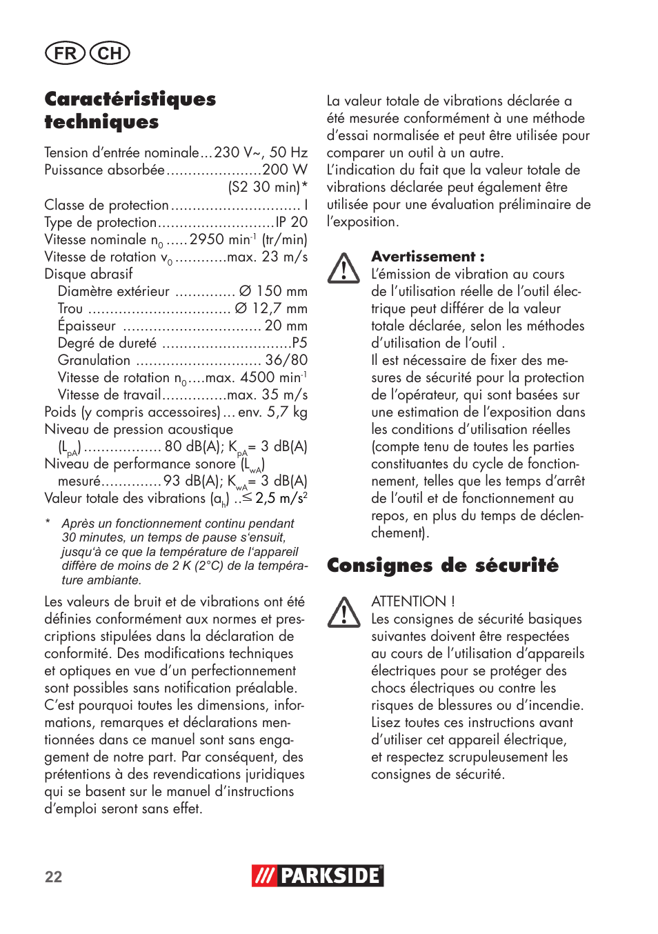 Caractéristiques techniques, Consignes de sécurité, Fr ch | Parkside PDOS 200 B2 User Manual | Page 22 / 72