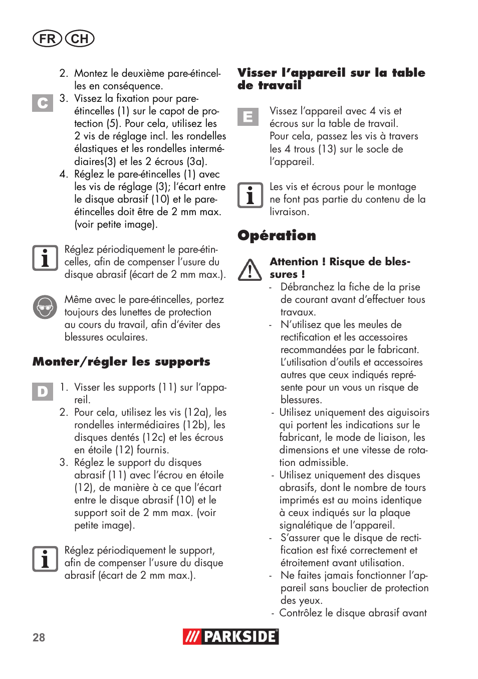 Opération, Fr ch | Parkside PDOS 200 B2 User Manual | Page 28 / 72