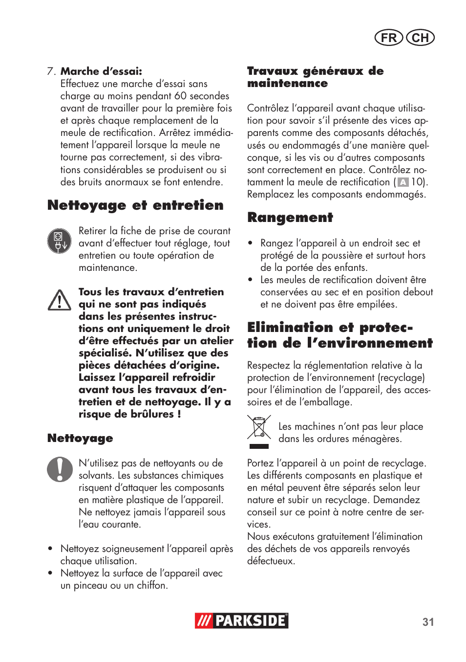 Nettoyage et entretien, Rangement, Elimination et protec- tion de l’environnement | Fr ch | Parkside PDOS 200 B2 User Manual | Page 31 / 72