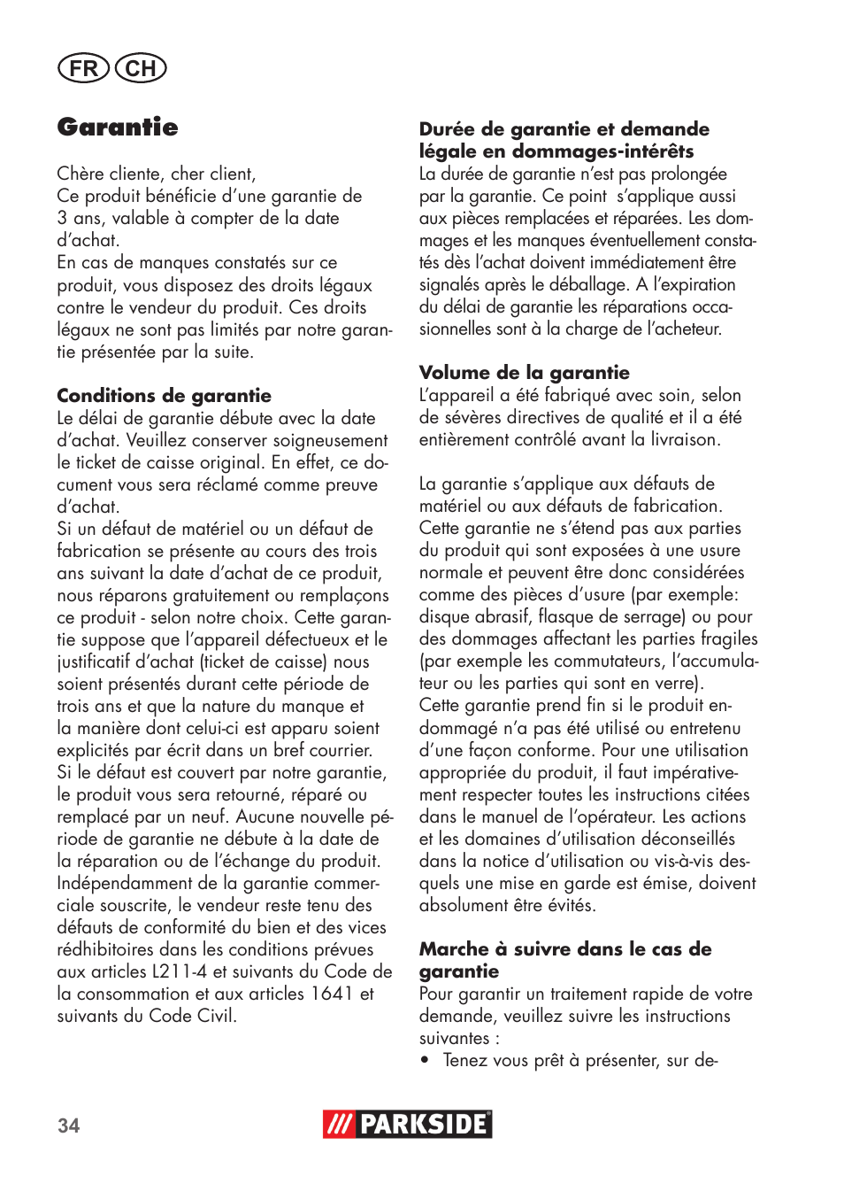 Garantie, Fr ch | Parkside PDOS 200 B2 User Manual | Page 34 / 72