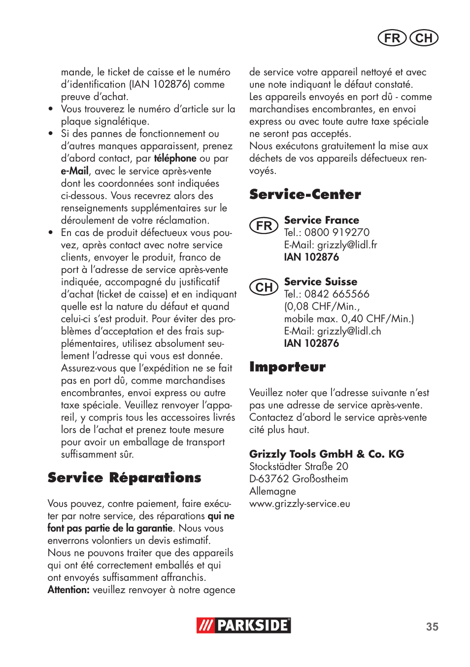 Service réparations, Service-center, Importeur | Fr ch, Ch fr | Parkside PDOS 200 B2 User Manual | Page 35 / 72