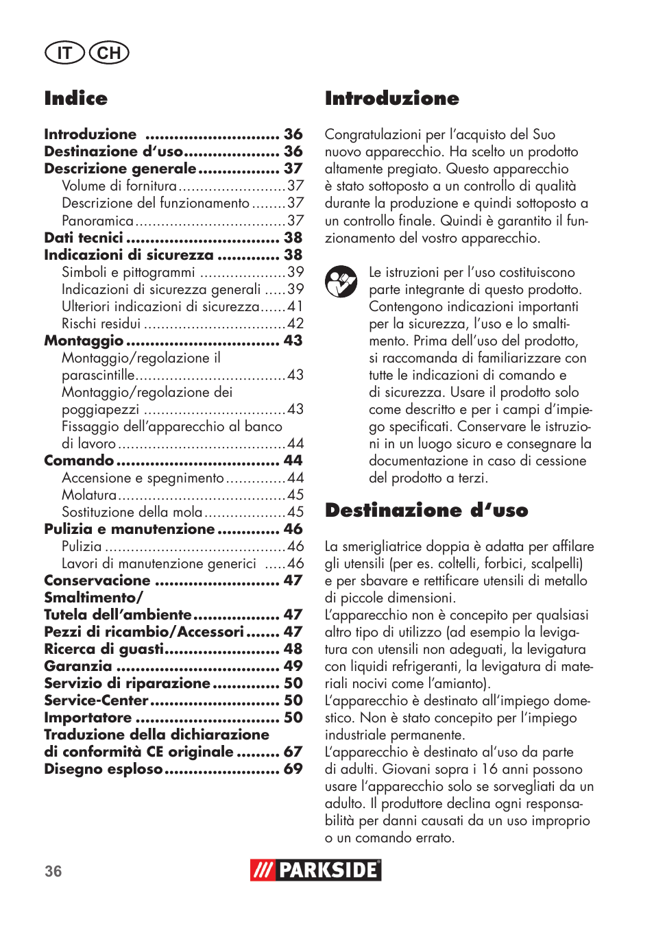 Introduzione, Destinazione d‘uso, Indice | It ch | Parkside PDOS 200 B2 User Manual | Page 36 / 72