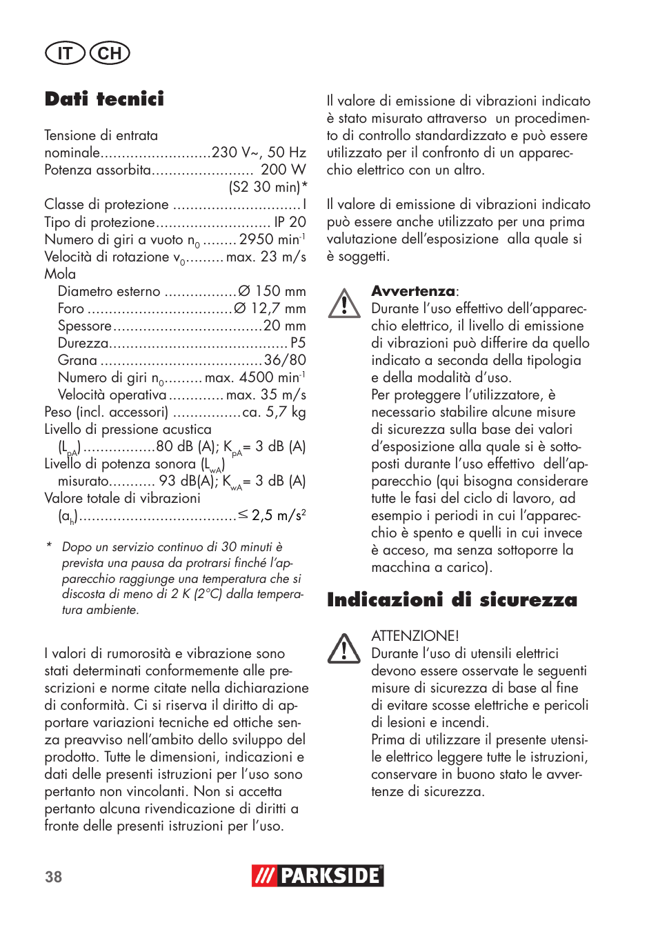 Dati tecnici, Indicazioni di sicurezza, It ch | Parkside PDOS 200 B2 User Manual | Page 38 / 72