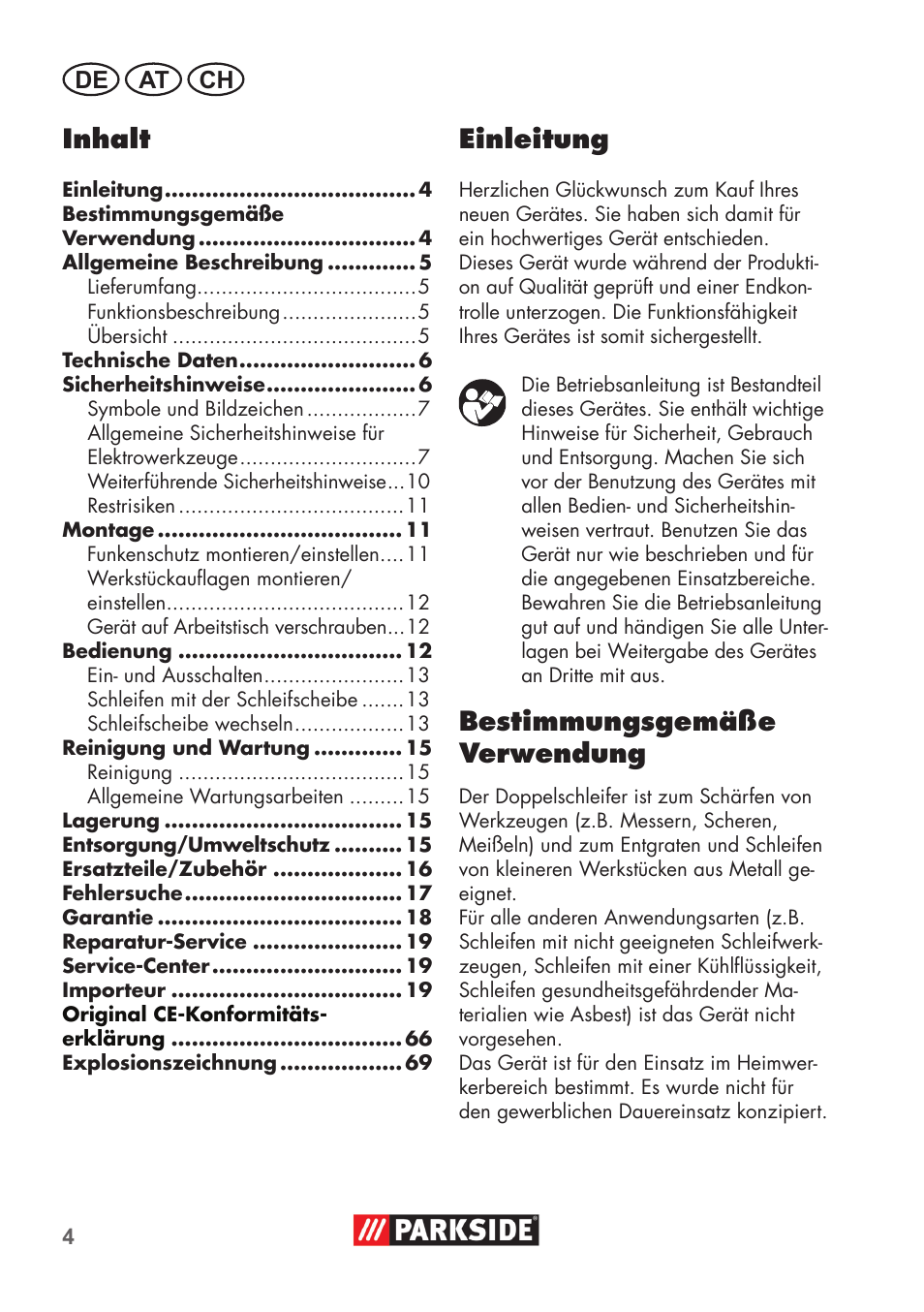 Inhalt, Einleitung, Bestimmungsgemäße verwendung | De at ch | Parkside PDOS 200 B2 User Manual | Page 4 / 72