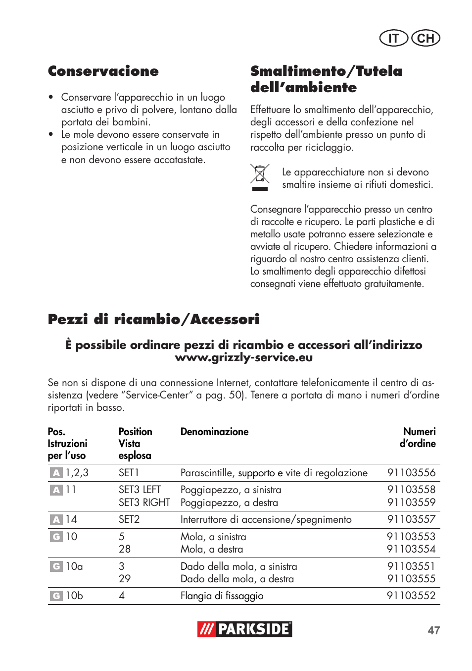 Conservacione, Smaltimento/tutela dell’ambiente, Pezzi di ricambio/accessori | Parkside PDOS 200 B2 User Manual | Page 47 / 72