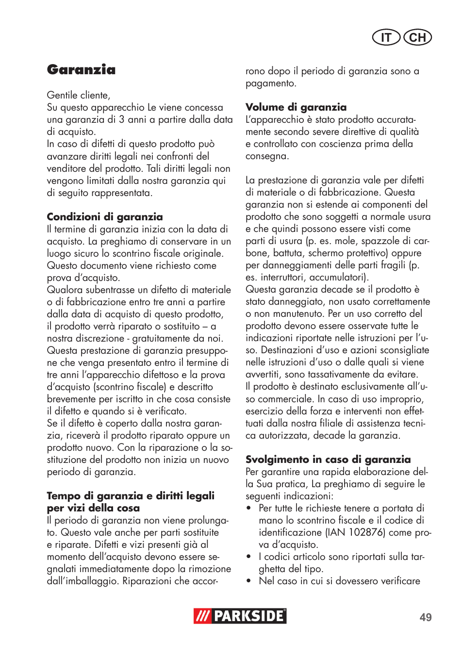 Garanzia, It ch | Parkside PDOS 200 B2 User Manual | Page 49 / 72