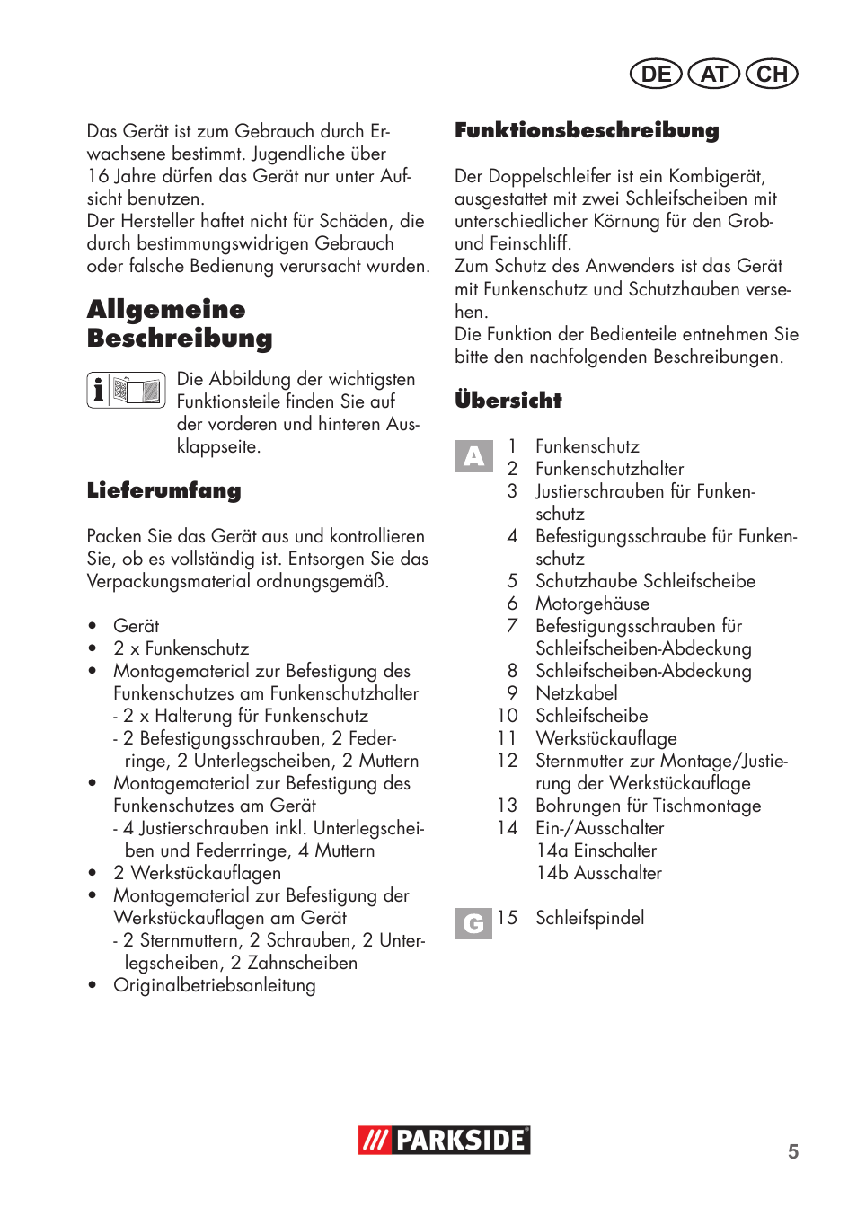 Allgemeine beschreibung, De at ch | Parkside PDOS 200 B2 User Manual | Page 5 / 72