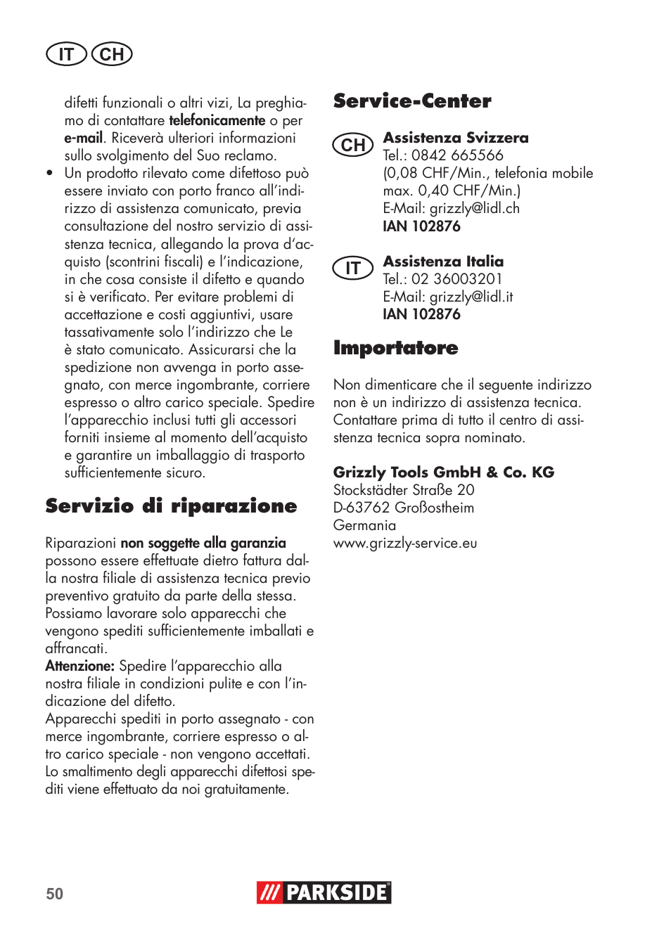 Servizio di riparazione, Service-center, Importatore | Parkside PDOS 200 B2 User Manual | Page 50 / 72