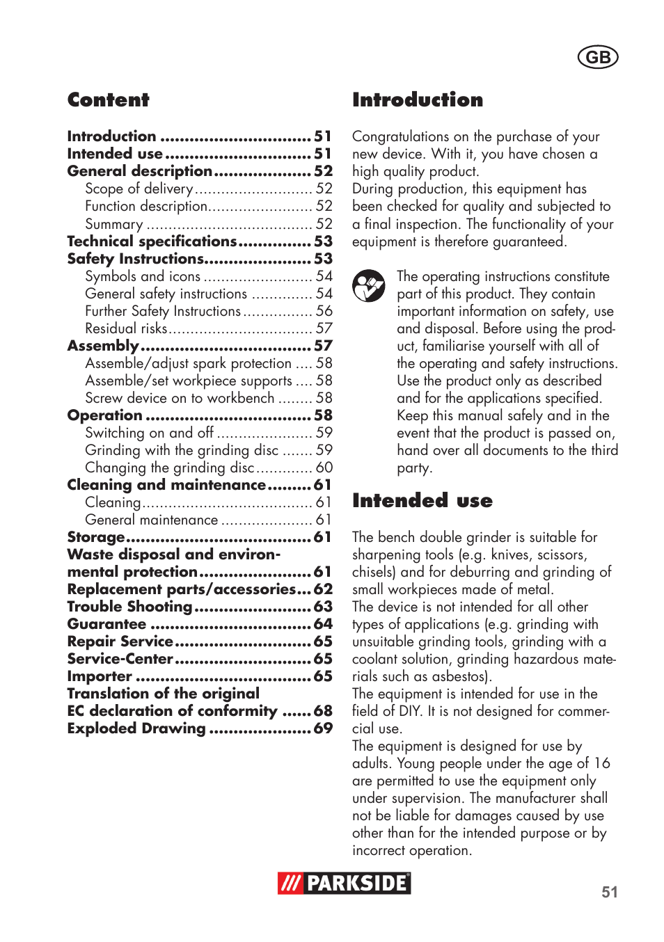 Introduction, Intended use, Content | Parkside PDOS 200 B2 User Manual | Page 51 / 72
