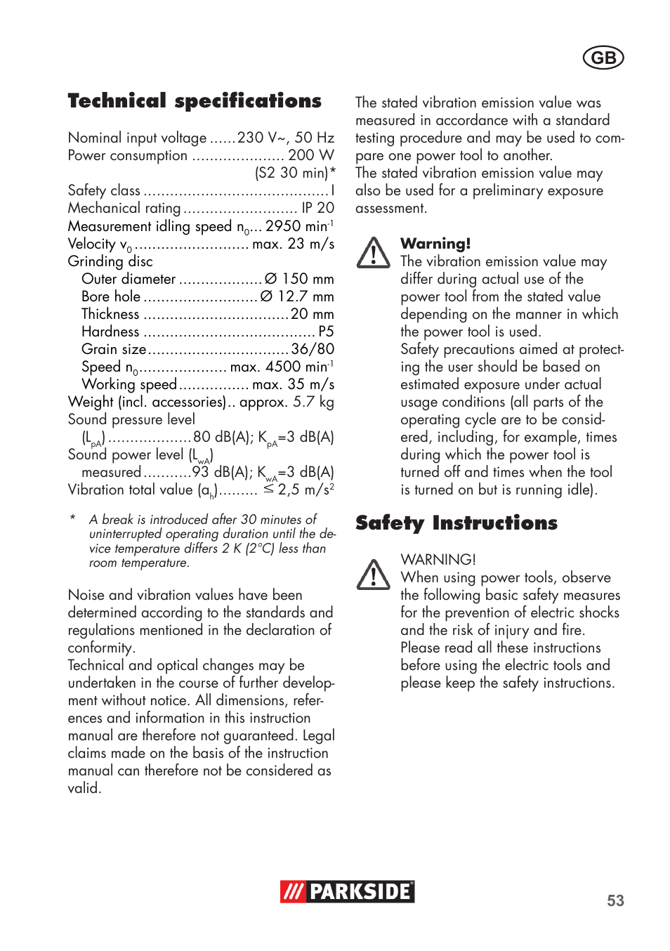 Technical specifications, Safety instructions | Parkside PDOS 200 B2 User Manual | Page 53 / 72