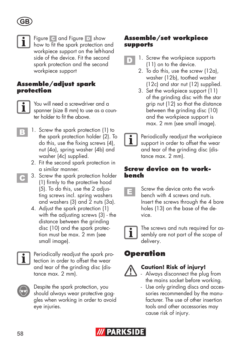 Operation | Parkside PDOS 200 B2 User Manual | Page 58 / 72