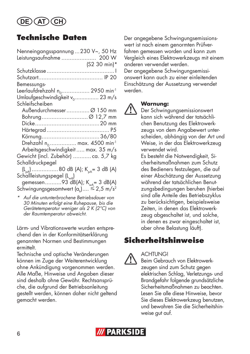 Technische daten, Sicherheitshinweise, De at ch | Parkside PDOS 200 B2 User Manual | Page 6 / 72