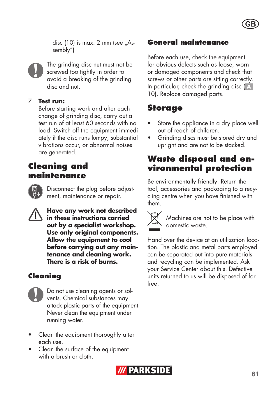 Cleaning and maintenance, Storage, Waste disposal and en- vironmental protection | Parkside PDOS 200 B2 User Manual | Page 61 / 72