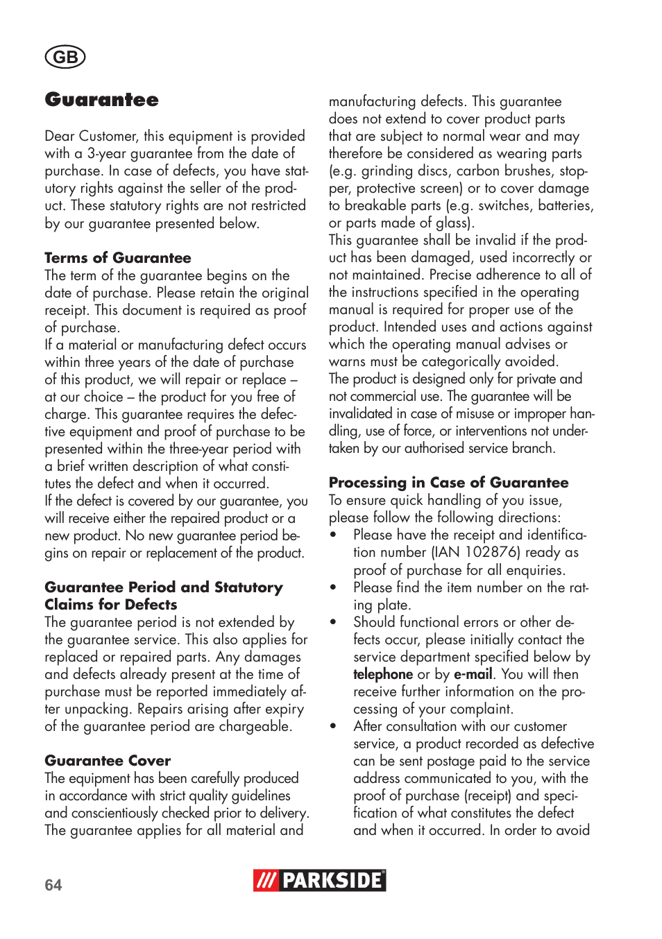 Guarantee | Parkside PDOS 200 B2 User Manual | Page 64 / 72