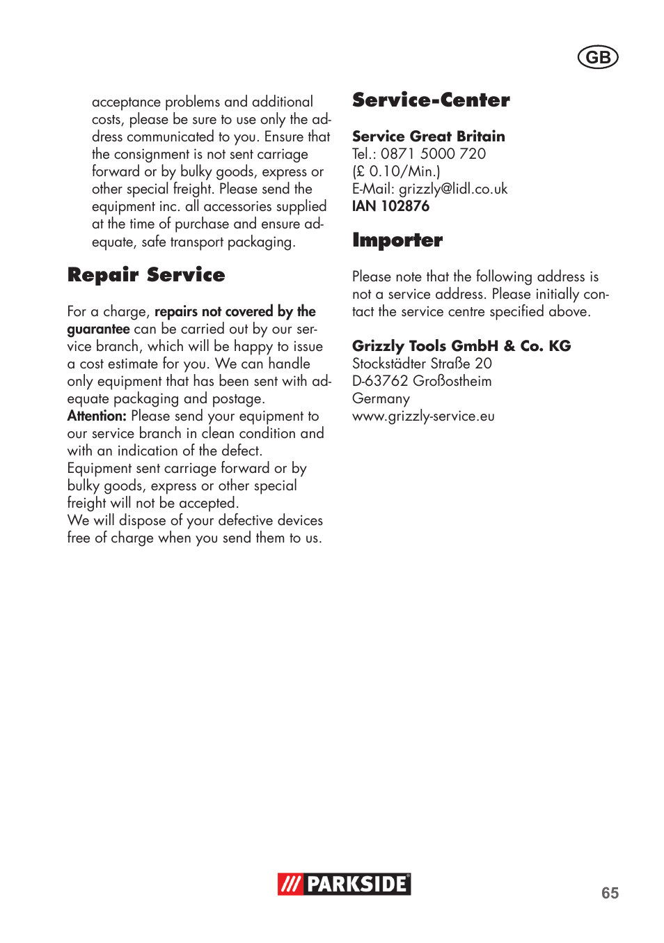 Repair service, Service-center, Importer | Parkside PDOS 200 B2 User Manual | Page 65 / 72