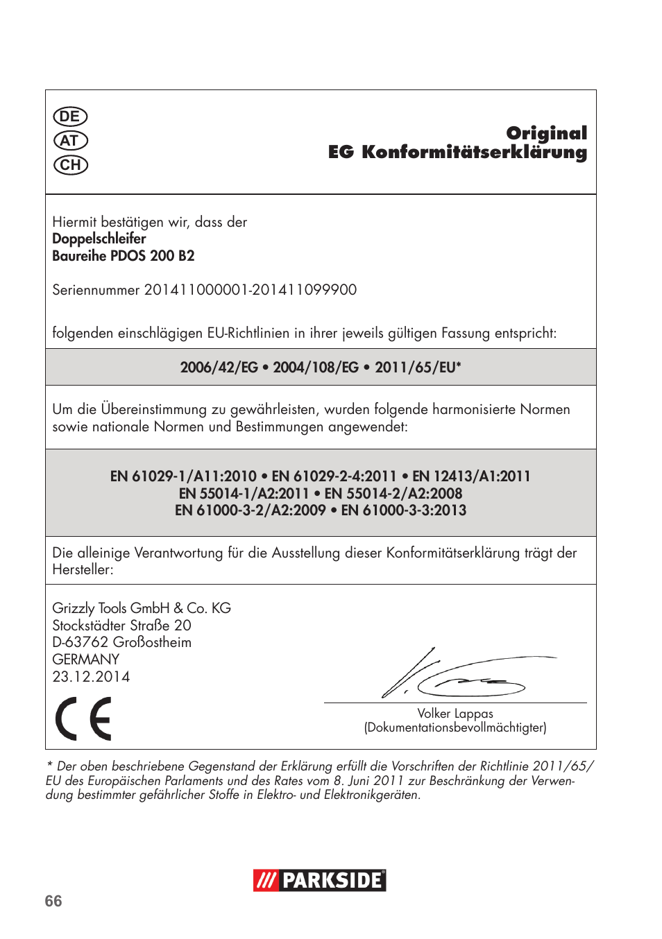 Original eg konformitätserklärung | Parkside PDOS 200 B2 User Manual | Page 66 / 72