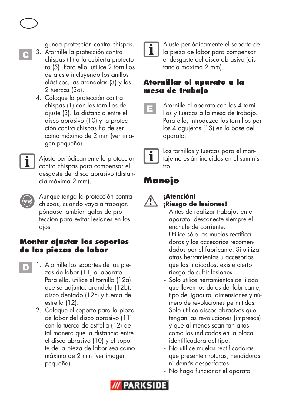 Manejo | Parkside PDOS 200 B2 User Manual | Page 12 / 88