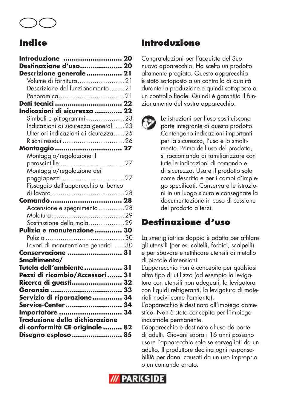 Introduzione, Destinazione d‘uso, Indice | It mt | Parkside PDOS 200 B2 User Manual | Page 20 / 88