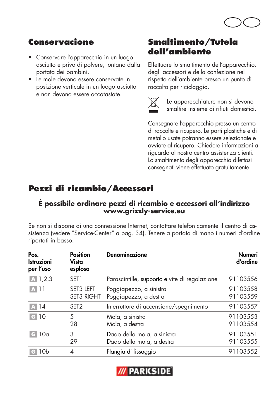 Conservacione, Smaltimento/tutela dell’ambiente, Pezzi di ricambio/accessori | Parkside PDOS 200 B2 User Manual | Page 31 / 88